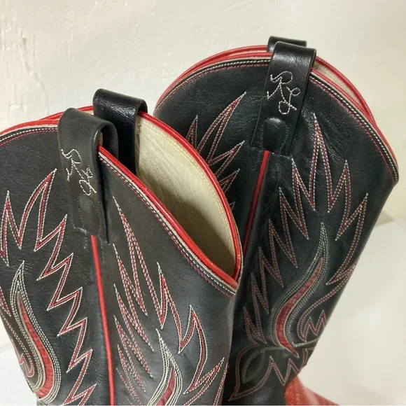 Ralph Lauren Lucchese Red Black leather Cowboy Western Boots vintage inlay 7 - Picture 2 of 16